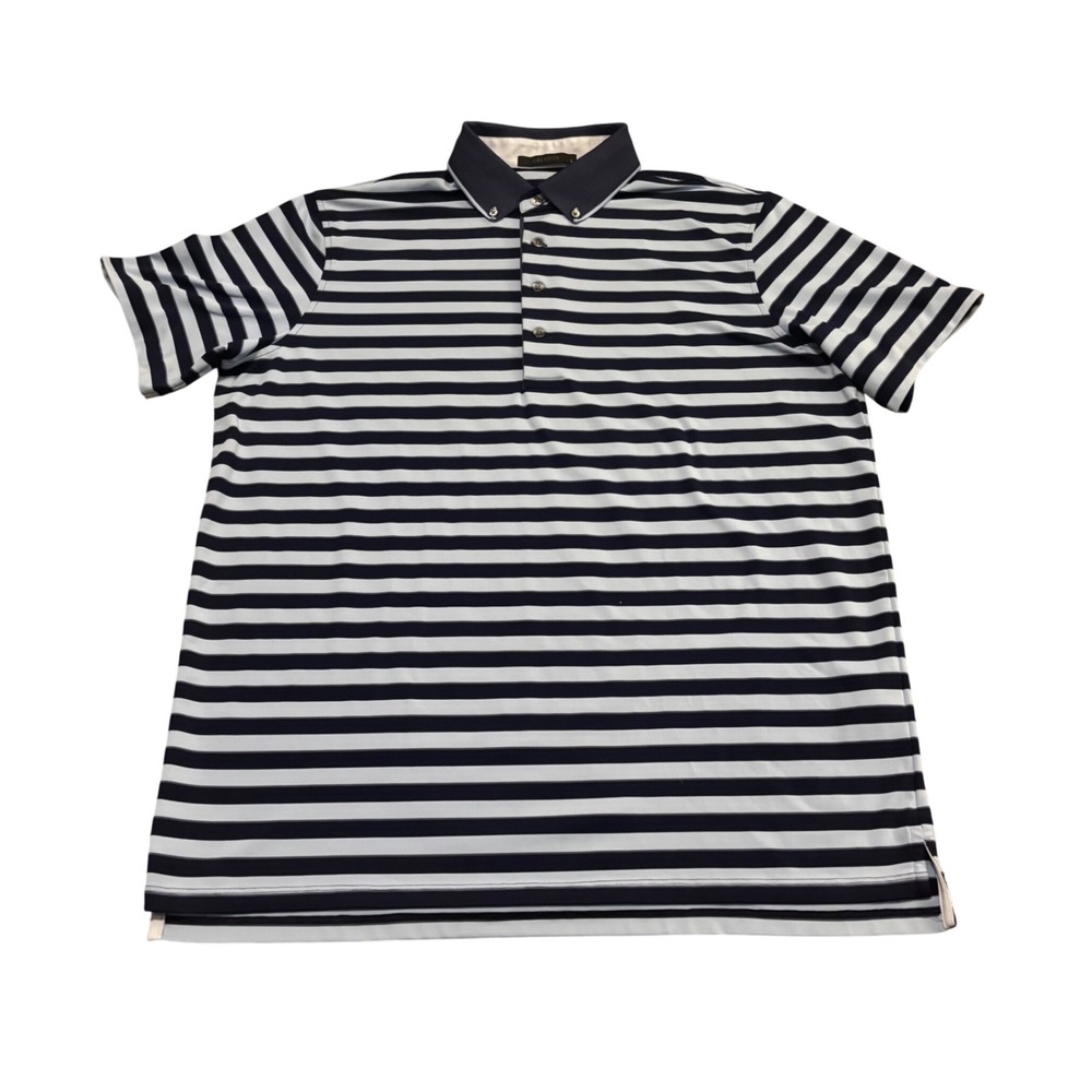 Greyson Mens Striped‎ Performance Golf Polo Shirt Navy Blue Large